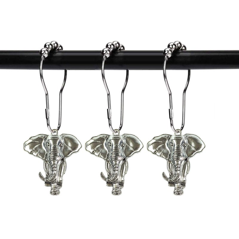 ZILucky Set of 12 Realistic Elephant Shower Curtain Hooks Decorative Home Bathroom Stainless Steel Rustproof Shower Curtain Rings Decor Accessories (Silver) - Image 1